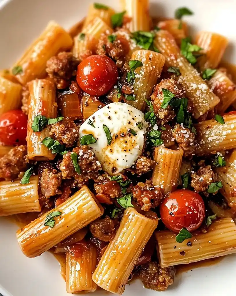 caprese pasta with italian sausage close up