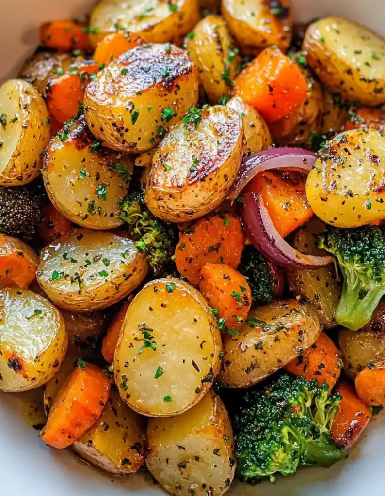 Garlic Herb Roasted Potatoes and Veggies close up