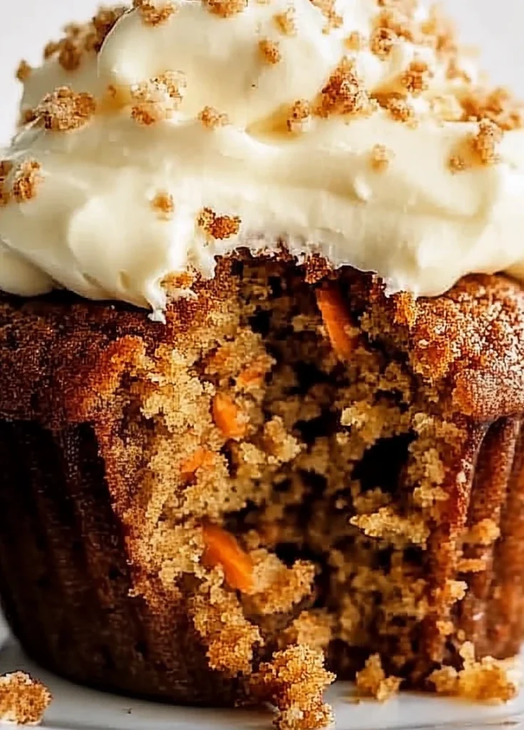 a bitten Carrot Cake Cupcake with Cream Cheese Frosting close up