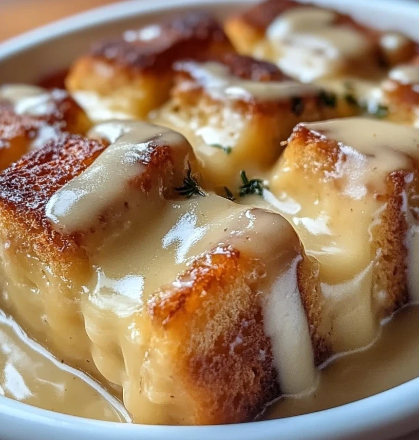 bread pudding with vanilla sauce close up