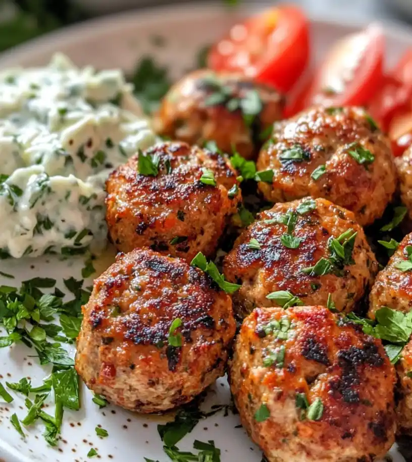 close-up greek turkey meatballs with tzatziki