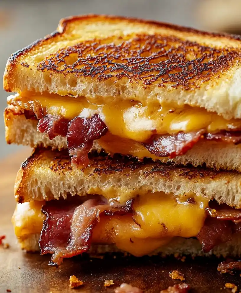 close-up bacon grilled cheese sandwich
