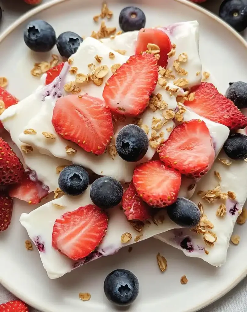 frozen yogurt bark with berries close up