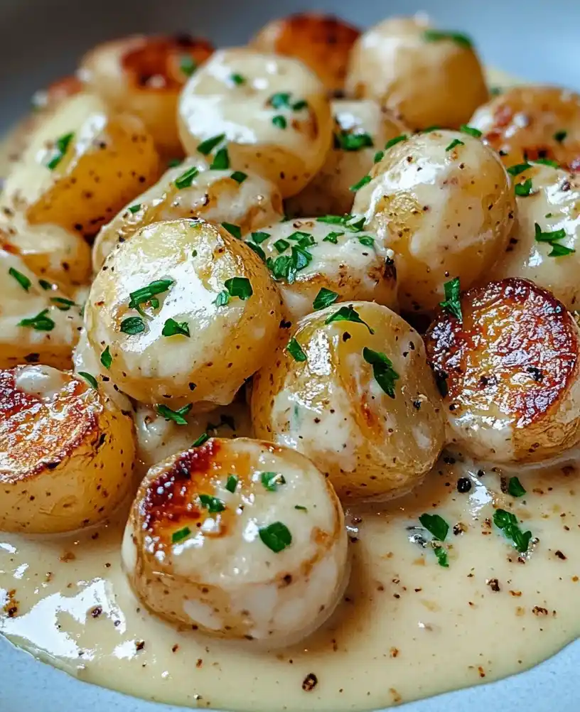Creamy Garlic Sauce Baby Potatoes close up