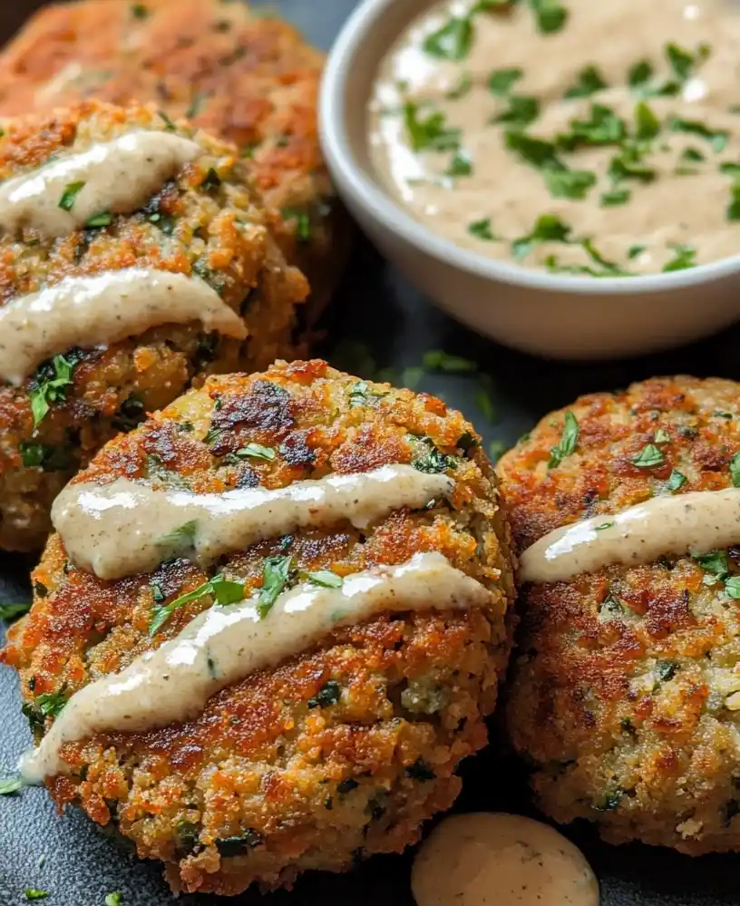 close-up Baked Falafel with Tahini Sauce