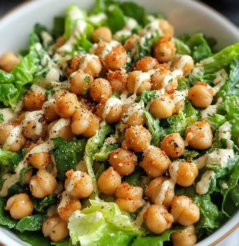 Vegan Caesar Salad with Chickpeas close up