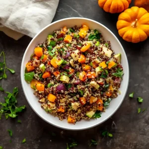 fall harvest quinoa salad in a bowl, from a top view