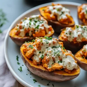 close up buffalo chicken stuffed sweet potatoes