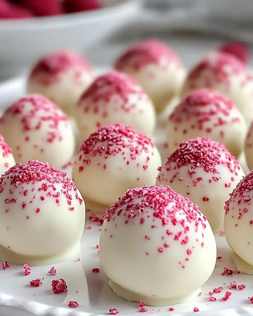 white chocolate raspberry truffles close up