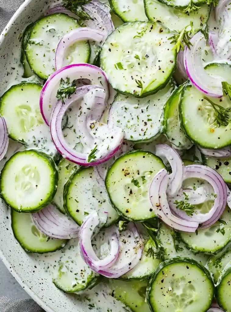 close up creamy cucumber salad