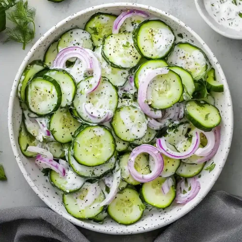 creamy cucumber salad with red onion slices, in a bowl, from a top view