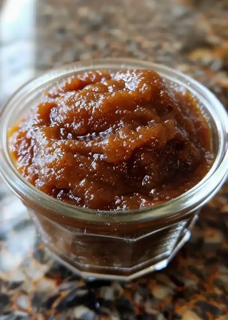 close up apple butter mad in a slow cooker, served in a cup