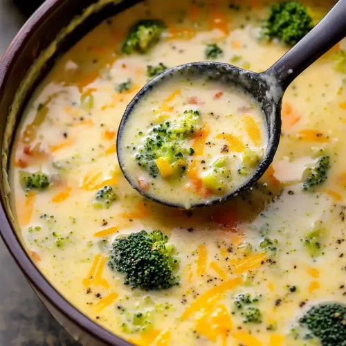broccoli cheddar soup with a soup ladle lifting some of it
