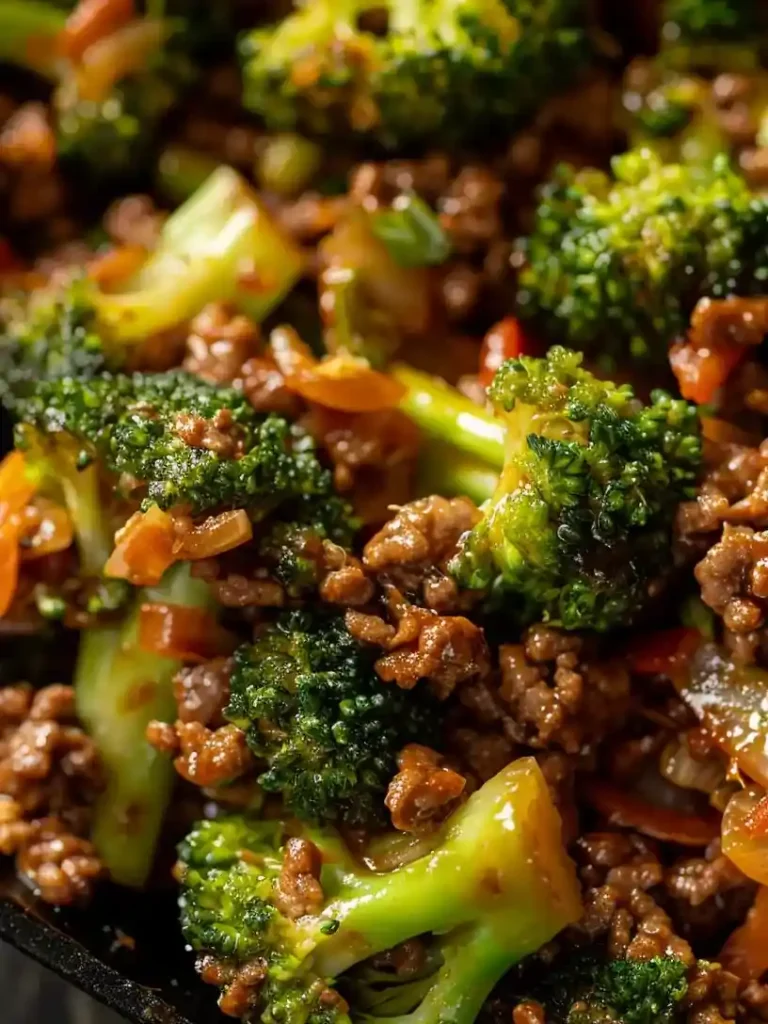 close up ground beef and broccoli stir fry