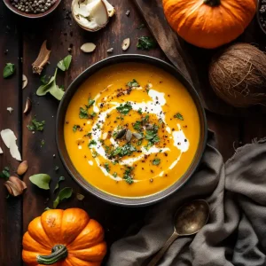 coconut curry pumpkin soup from a top view