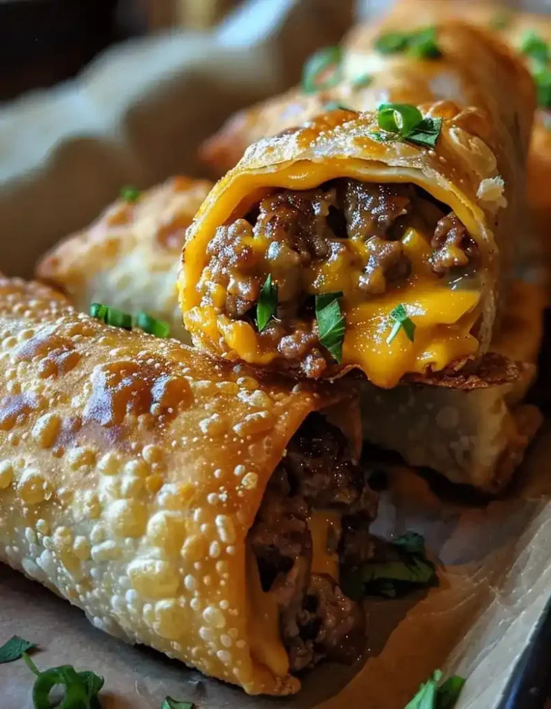 close up cheeseburger egg rolls