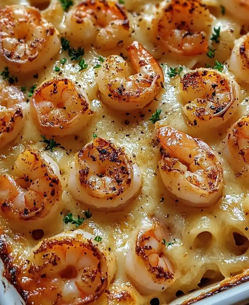 Shrimp Scampi Pasta Bake close up