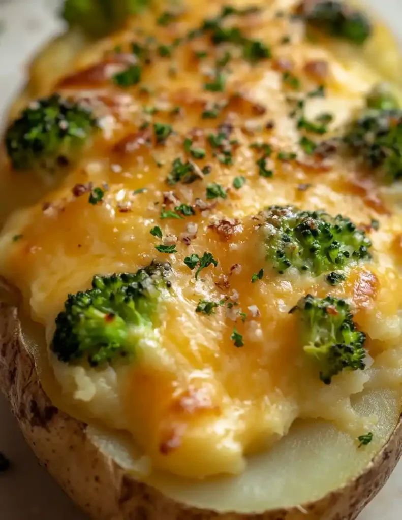 Cheesy Broccoli Baked Potato close up