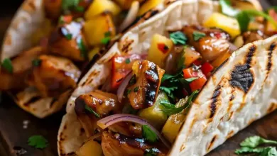 Teriyaki Rooster Tacos with Grilled Pineapple Pear Salsa