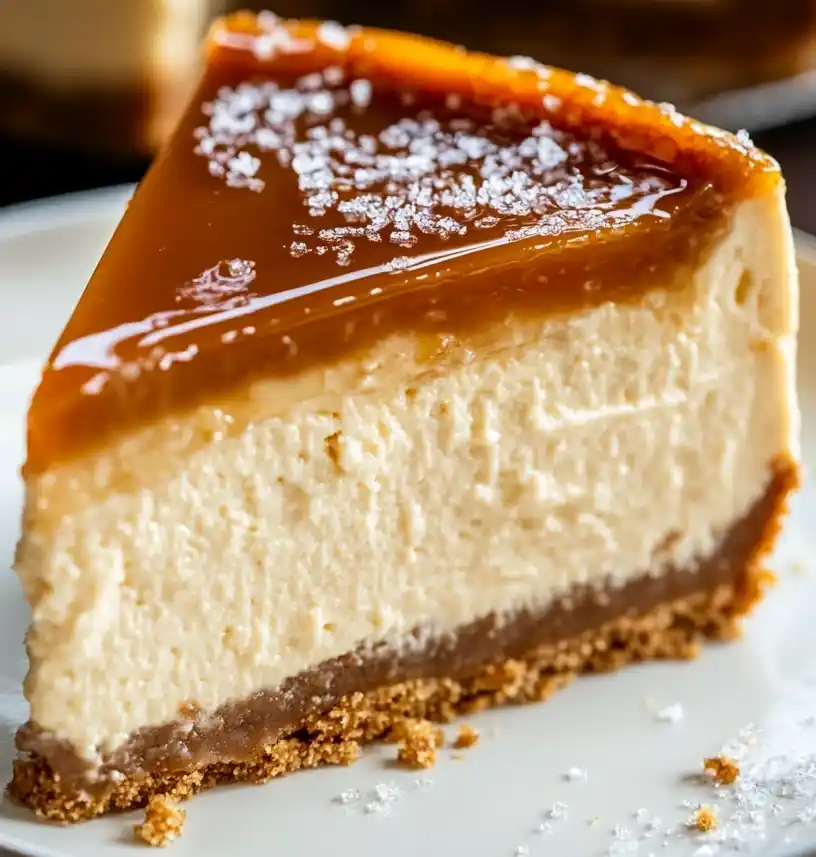 close up slice of a biscoff salted caramel cheesecake