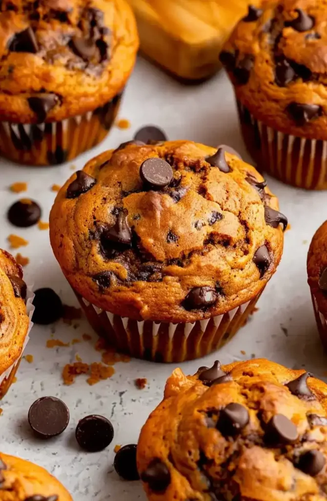 close up pumpkin chocolate chip muffin