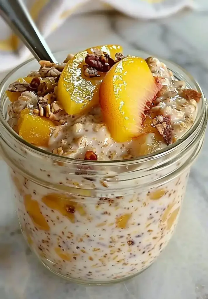 close up Peach Cobbler Overnight Oats
