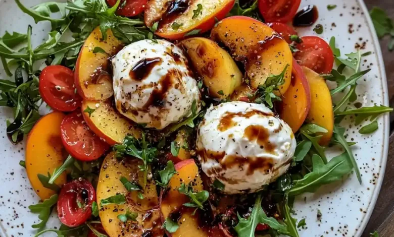 Contemporary Peach Burrata Salad Recipe with Basil & Balsamic Contemporary Peach Burrata Salad Recipe with Basil & Balsamic