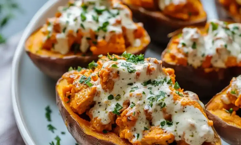 Spicy Buffalo Chicken Stuffed Sweet Potatoes