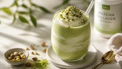 Creamy Pistachio Matcha Collagen Smoothie for High Protein Breakfast