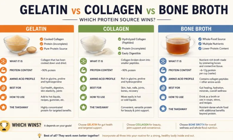 Gelatin vs Collagen vs Bone Broth: Which Protein Source Wins? Gelatin vs Collagen vs Bone Broth: Which Protein Source Wins?