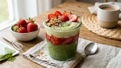 High Protein Matcha Strawberry Collagen Chia Pudding for Glowing Skin