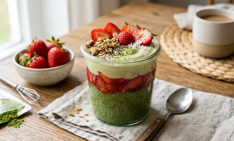 High Protein Matcha Strawberry Collagen Chia Pudding for Glowing Skin High Protein Matcha Strawberry Collagen Chia Pudding for Glowing Skin